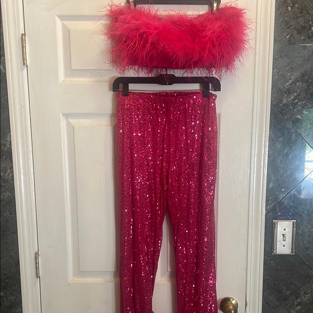 Pink Feather Top and Sequin Pants Set